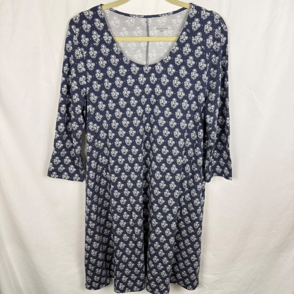 NEW Garnet Hill Navy Blue Floral Long Sleeve Shift Dress Size Large Flowy Boho